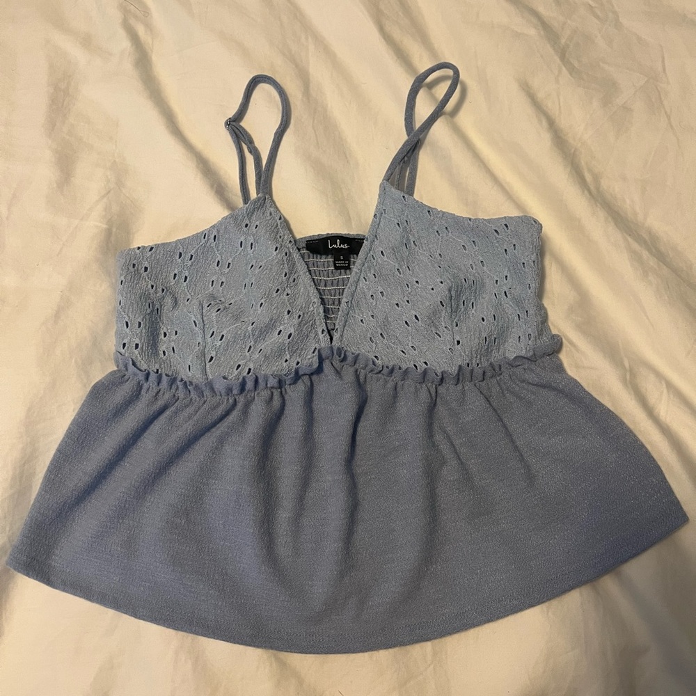 Lulu’s Sunny Weather Light Blue Eyelet Peplum Cami Top Size S